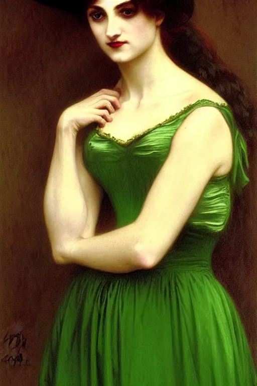 Image similar to victorian vampire in green dress, painting by rossetti bouguereau, detailed art, artstation