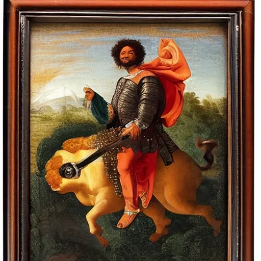 Prompt: black man with afro hair wearing an ( ( ( army green cloak ) ) ), riding an ( ( ( orange bull ) ) ), renaissance style painting