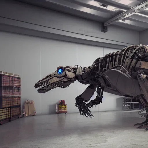 Image similar to a robot t-rex in a garage, octane render, 3D, 8k, Extremely detailed, accurate