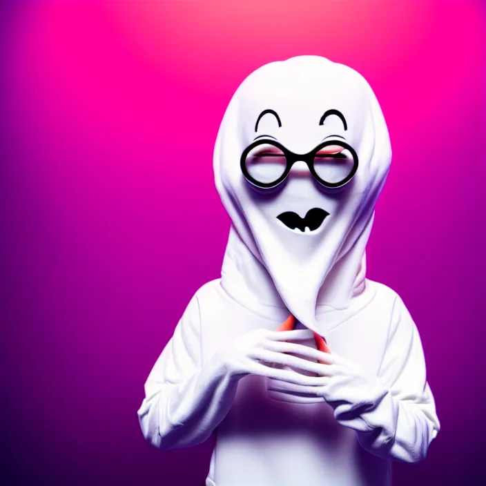 Prompt: 3 d render of a cute and very friendly cartoon ghost, wearing glasses and a black hoodie, in a large photo studio with beautiful colorful lighting, intense details