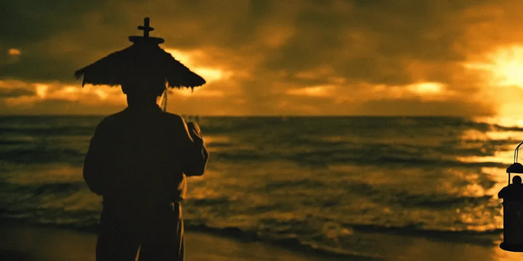 Image similar to film still of closeup old man holding up lantern by his beach hut at night. pirate ship in the ocean by emmanuel lubezki