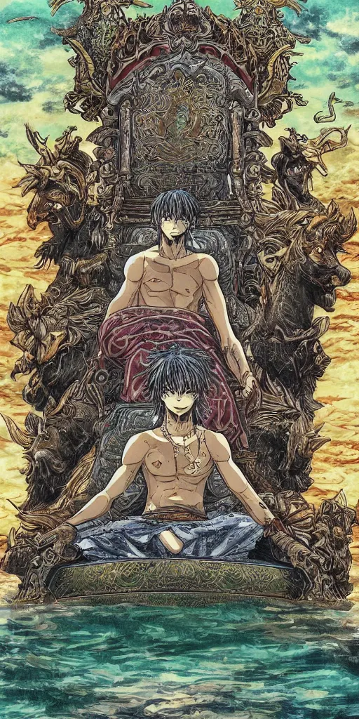 Image similar to a lone emperor sitting on a throne floating on water in the middle of a lake drawn by Makoto Yukimura in the style of Vinland saga anime, full color, detailed, psychedelic, Authority