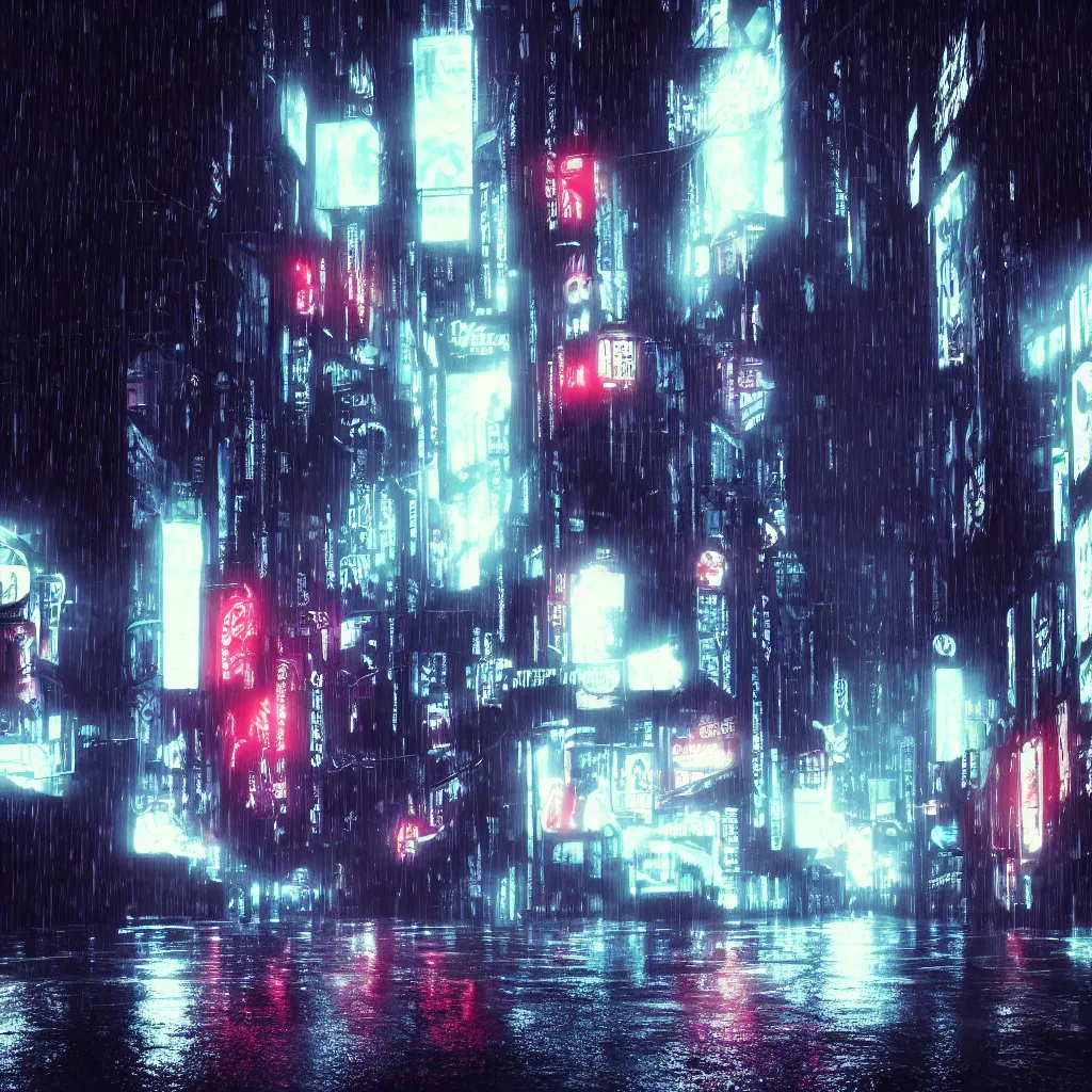 Image similar to dark city street in the rain, black cat, neon lights, cyberpunk, year 2 9 9 9, blade runner, octane render, 4 k