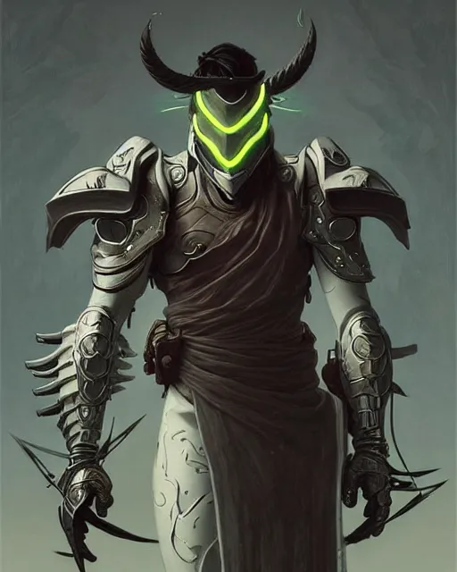 Image similar to genji from overwatch, character portrait, concept art, intricate details, highly detailed by greg rutkowski, michael whelan and gustave dore