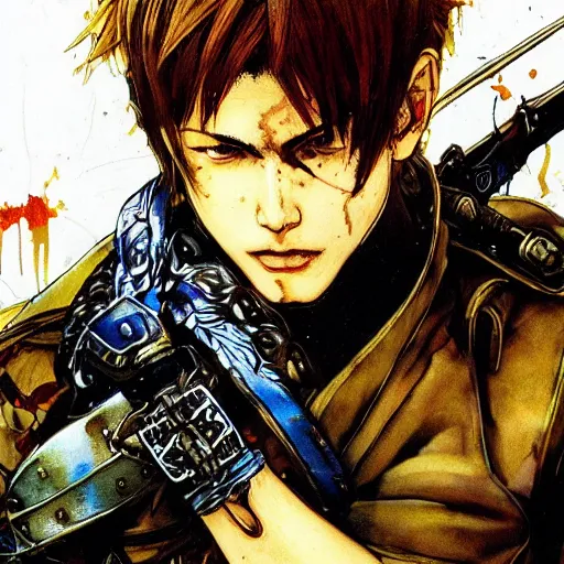 Image similar to portrait of a young white hero using his right arm to hold his sword covering his eye by yoji shinkawa, high quality, extra details, realism, ornate, colored, golden chain, blood, white skin, short hair, brown eyes, vivid, sunlight, headband, eyepatch, white american soldier, painting, cybernetics, military