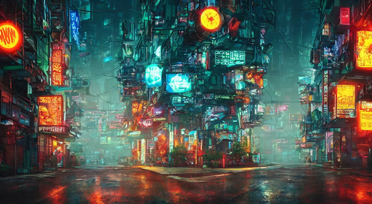 Prompt: Cyberpunk street at night, suns rays, rain, lush vegetation, junk everywhere, neon signs, magical atmosphere, mist, photo realistic, 35mm, octane render, 8k, guido borelli da caluso