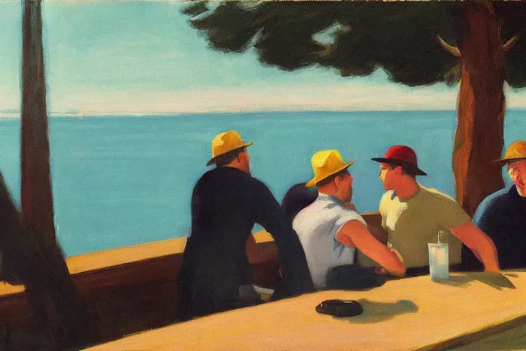 Prompt: mid - thirties guys binge drinking in front of a lake, in the style of edward hopper