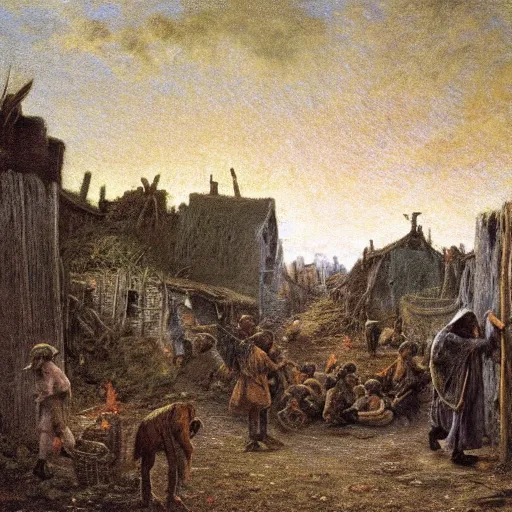 Image similar to jean francois millet as slum neighborhood on lord of the ring, random content position, incrinate contents detail, rgb color