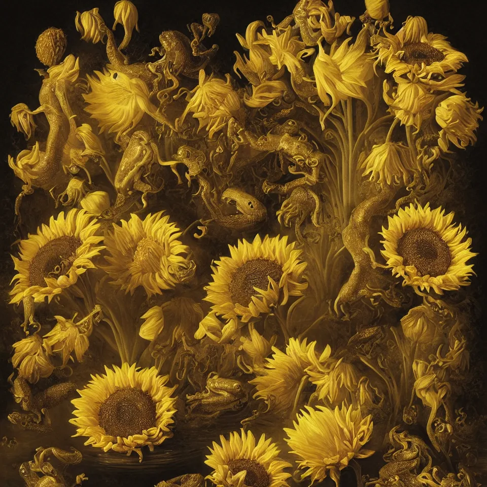 Image similar to dutch golden age bizarre sunflower portrait made from flower floral still life with very detailed aquatic flowering lotuses with amphibians, disturbing fractal forms sprouting up everywhere by rachel ruysch black background chiaroscuro dramatic lighting perfect composition high definition 8 k oil painting with black background by christian rex van dali todd schorr of a chiaroscuro portrait recursive masterpiece