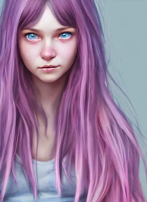 Prompt: highly detailed concept art for the main character in the award winning film named life is better in pink. the character is a unnaturally beautiful teenage girl with deep dark blue eyes, slight cute smile, extra long curled pink dyed hair, wearing light pink clothes. realistic cg render, anatomically correct, high key lighting, trending on art station, vibrant colors.