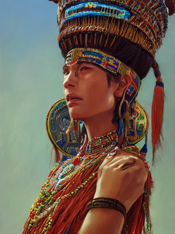 Image similar to an ultradetailed beautiful portrait painting of a girl as an aztec priestess, side view, oil painting, high resolution, by ilya kuvshinov, greg rutkowski and makoto shinkai