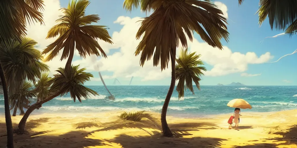 Prompt: a wholesome animation key shot of a focused palm tree swaying in the wind on a tropical beach, medium shot, waist up, studio Ghibli, Pixar and Disney animation, sharp, very detailed, high resolution, Rendered in Unreal Engine 5, anime key art by Greg Rutkowski, Bloom, dramatic lighting