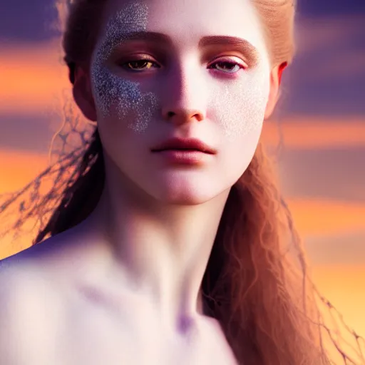 Image similar to photographic portrait of a stunningly beautiful renaissance female with white makeup in soft dreamy light at sunset, contemporary fashion shoot, by edward robert hughes, annie leibovitz and steve mccurry, david lazar, jimmy nelsson, breathtaking, 8 k resolution, extremely detailed, beautiful, establishing shot, artistic, hyperrealistic, beautiful face, octane render