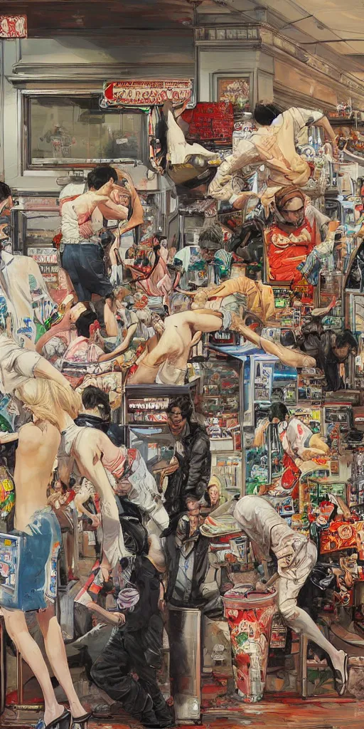 Image similar to oil painting scene from amusement arcade by kim jung gi