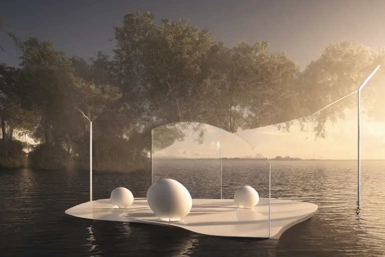 Image similar to many white spherical egg shaped spaces arranged up and down formation a cell building, by pierre bernard, on the calm lake, people's perspective, future, interior wood, marble, award winning, highly detailed 4 k art, dusk, unreal engine highly rendered, global illumination, radial light, internal environment