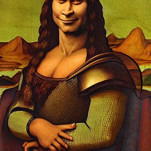 Image similar to shrek from shrek as a glorious devout shining powerful epic amazing awesome very handsome attractive muscular stylish knight in shining golden armor riding donkey, fantasy art, hyper detailed, extremely complex, hyper realistic, slightly similar to the mona lisa, art by leonardo devinci