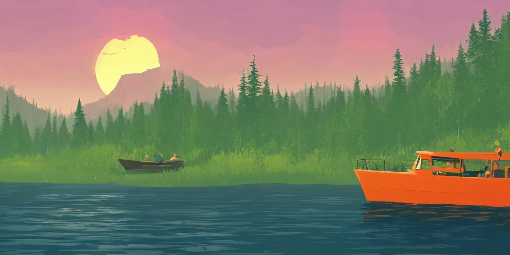 Image similar to An illustration in the style of Firewatch featuring a river surrounded by forest and fields. A boat is slowly moving through the water