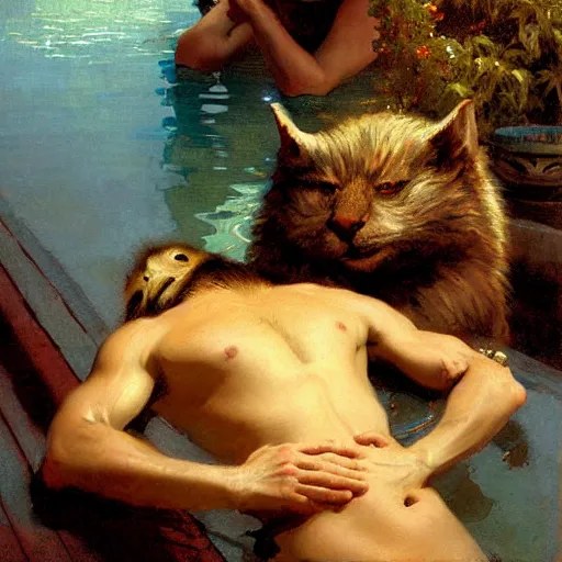 Image similar to a portrait of a very furry human with an animal's head in the pool, furry body, furry arms, furry legs, furry tail. highly detailed painting by gaston bussiere, craig mullins, j. c. leyendecker, furry