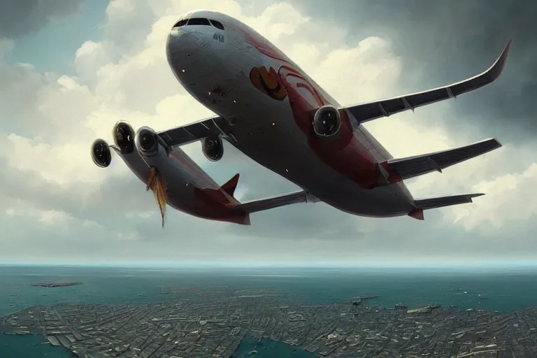 Image similar to detailed intricate digital illustration by greg rutkowski and artgerm and wlop and sanford robinson gifford ; commercial air liner with hole in fuselage, wind, everything flying around, falling ; 1 3 mm film, arri alfa anamorphic lens, fisheye wide angle ; sharp focus ; trending on artstation 8 k