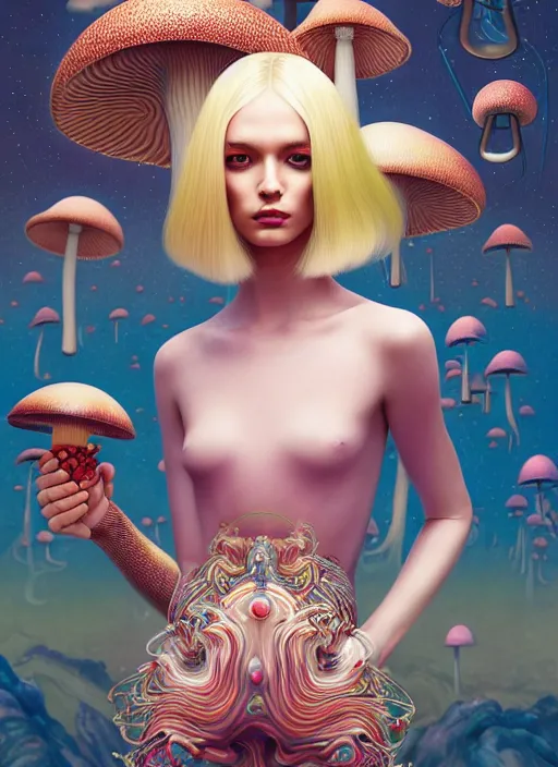 Prompt: pretty futuristic blonde model with hallucination mushroom : : by martine johanna and simon stalenhag and chie yoshii and casey weldon and wlop : : ornate, dynamic, particulate, rich colors, intricate, elegant, highly detailed, vogue, harper's bazaar art, fashion magazine, smooth, sharp focus, 8 k, octane render,