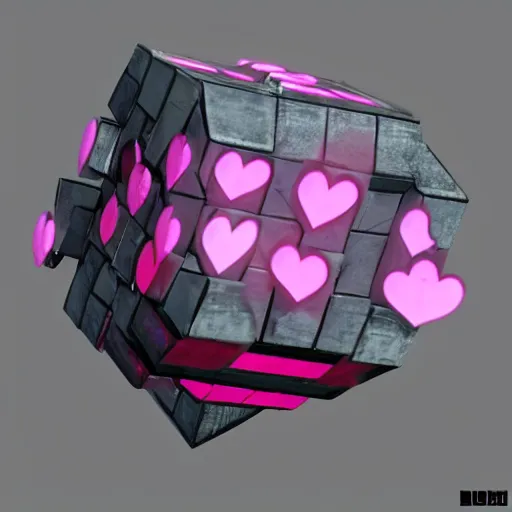 Image similar to the companion cube with the pink heart, floating in space, with destroyed satellite debris, ZBrush, Maya, Unreal Engine