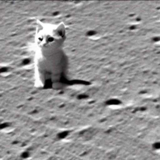 Prompt: kitten found on the surface of the moon, blurry, grainy, old photo