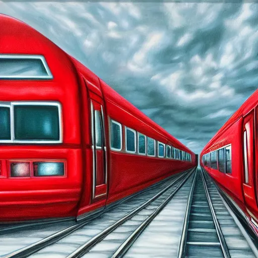 Prompt: modern red and grey train driving through multiple dimensions in a galaxy, surreal very hyper realistic detailed painting.