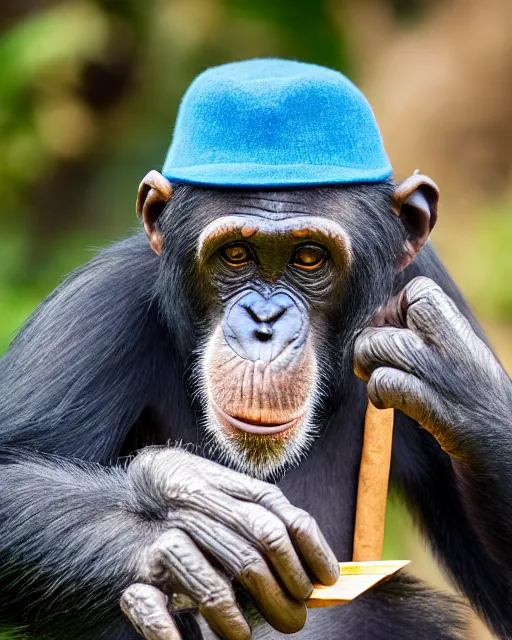 Image similar to gold, blue, photo of a chimpanzee solving a puzzle, blue hat, big cigarre in mouth, 8 k, 8 5 mm f 1. 8