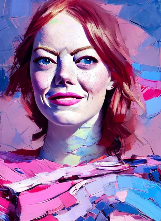 Image similar to portrait of a emma stone, smiling, ecstatic, dancing, eyes closed, open mouth, shades of pink and blue, beautiful face, rule of thirds, intricate outfit, spotlight, by greg rutkowski, by jeremy mann, by francoise nielly, by van gogh, digital painting