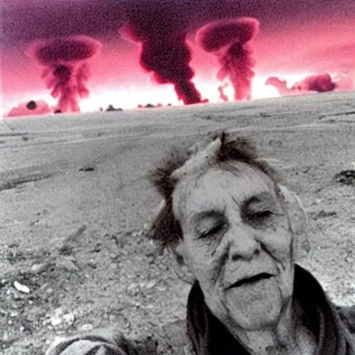 Image similar to last selfie of last alive ukrainian very damaged body to bones after a nuclear strike, a nuclear explosions in the background, dead bodies everywhere, 2 0 2 2