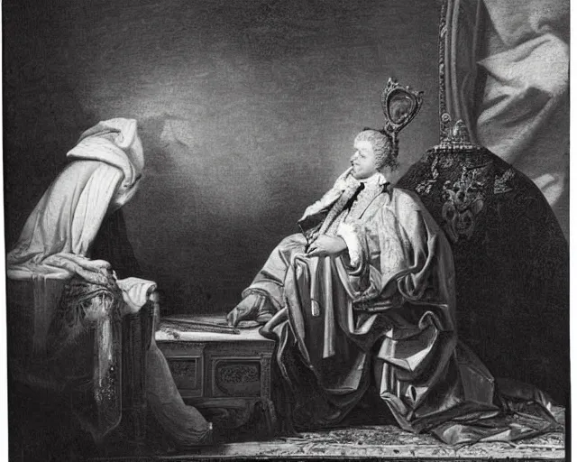 Prompt: 1 7 0 0 s photo of the king checking his twitter feed on his cellphone while sitting on his throne gold crown