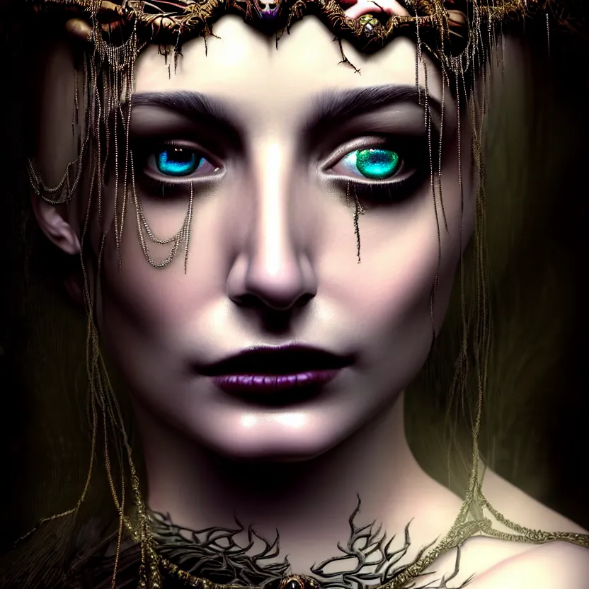 Image similar to mindblowing portrait of the enchantress queen, a stunning timeless beauty, breathtaking eyes, perfect skin, feathered eyelashes, royal gothic dress with a lot of leather, heavy silent hill aesthetic, incredibly intricate, digital art, blender, houdini & photoshop, very elegant & complex, hyper-maximalist, overdetailed, epic cinematic quality, biblical art lighting, photorealistic, lifelike, OLED, DSLR HDR 8k, face is the focus, facial feature symmetry, hyper composed, created by Nixeu & z--ed from deviantart