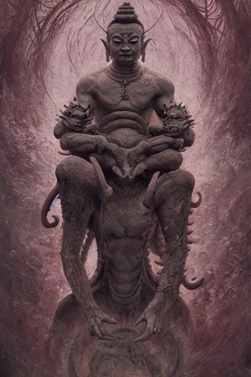 Image similar to Meditating Buddhist demon god Monk, dark fantasy, intricate, highly detailed, smooth, artstation, painted by Wayne Barlowe, Greg Rutkowski, zdislav beksinski, Francis Bacon