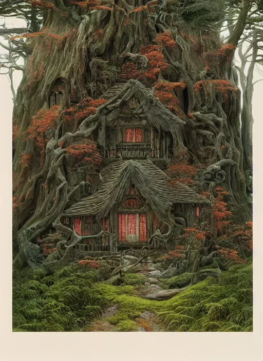 Image similar to hyper realistic witch cottage japanese shrine in the woods gorgeous lighting, highly detailed, lush forest painting by zdzisław beksinski and norman rockwell and greg rutkowskiweta studio, and lucasfilm