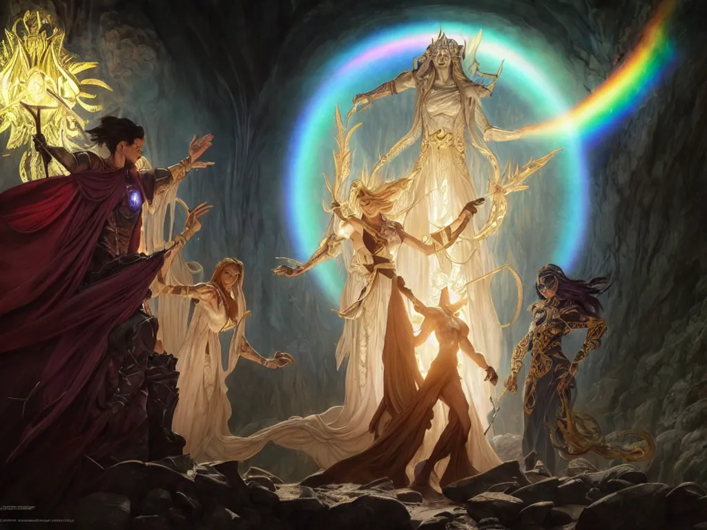 Image similar to painting of powerful stylish sorcerer and a cleric banishing demons in a dark cave with a rainbow spell, ultra realistic, concept art, intricate details, eerie, highly detailed, photorealistic, octane render, 8 k, unreal engine. art by artgerm and greg rutkowski and magali villeneuve and alphonse mucha