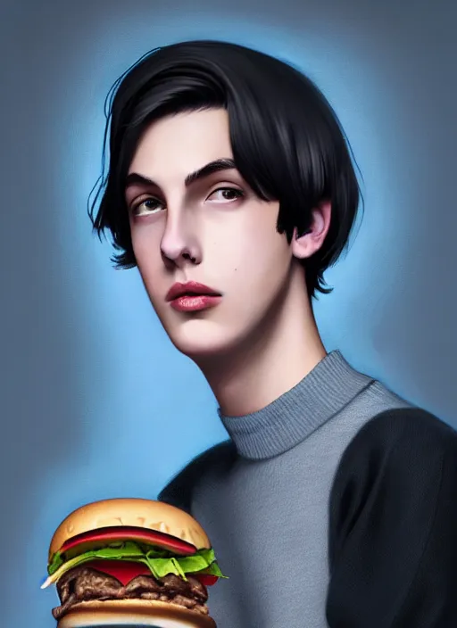 Image similar to portrait of teenage jughead jones wearing a light grey crown, crown, eating hamburger, blue turtleneck, eyes closed, crown, black hair, intricate, elegant, glowing lights, warm lighting, highly detailed, digital painting, artstation, concept art, smooth, sharp focus, illustration, art by wlop, mars ravelo and greg rutkowski