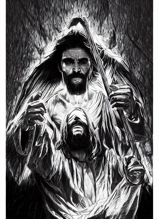 Image similar to Jesus with fire in his eyes, dark colors, sinister atmosphere, dramatic lighting, cinematic, establishing shot, extremely high detail, photo realistic, cinematic lighting, pen and ink, intricate line drawings, by Kohei Horikoshi, post processed, concept art, artstation, matte painting, style by eddie mendoza, raphael lacoste, alex ross