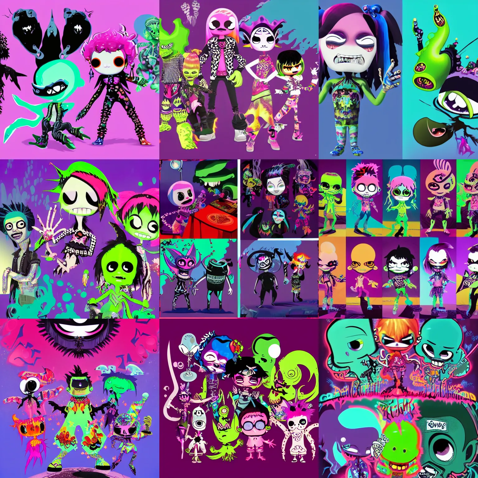 Prompt: CGI lisa frank gothic punk vampiric rockstar underwater caustics vampire squid character designs of various shapes and sizes by genndy tartakovsky and ruby gloom by martin hsu and the creators of fret nice being overseen by Jamie Hewlett from gorillaz for splatoon by nintendo