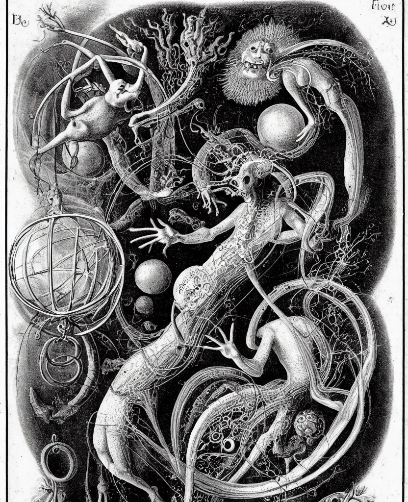 Image similar to whimsical freaky creature sings a unique canto about'as above so below'being ignited by the spirit of haeckel and robert fludd, breakthrough is iminent, glory be to the magic within