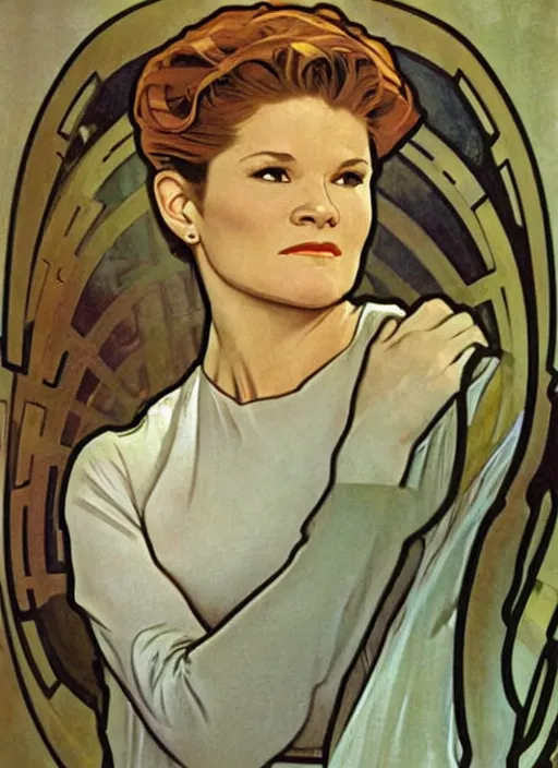 Image similar to captain janeway from star trek voyager, a still from star trek voyager painted by alphonse mucha. clear highly detailed face, beautiful sci fi art