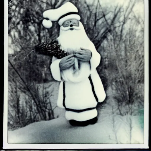 Image similar to candid 1981 polaroid photo of santa bringing you corn, distressed photo, horror vibe, unsettling