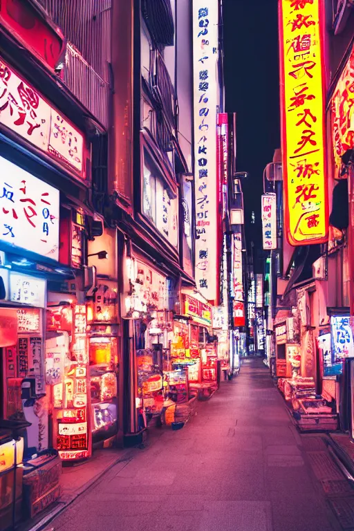 Prompt: a bussy back alley street in Tokyo, with small shops and restaurants. Evening time. Neon lights. Slow shutter. 8k. Canon eos.