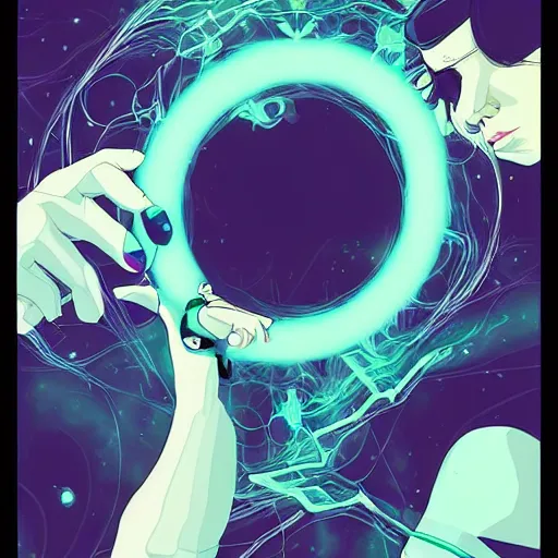 Prompt: A conceptual art. A rip in spacetime. Did this device in her hand open a portal to another dimension or reality?! electric blue by Tomer Hanuka lively