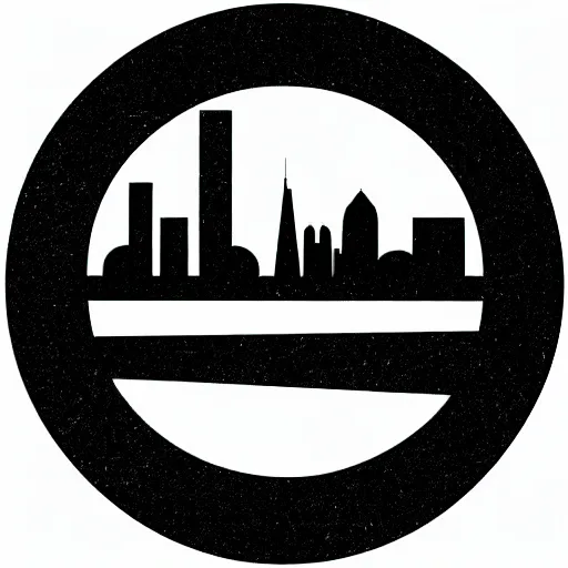 Image similar to a perfect circle, around the outer edge of the circle is the silhouette of a city skyline, inside the circle is empty, black and white, minimalist, in the style of a line drawing