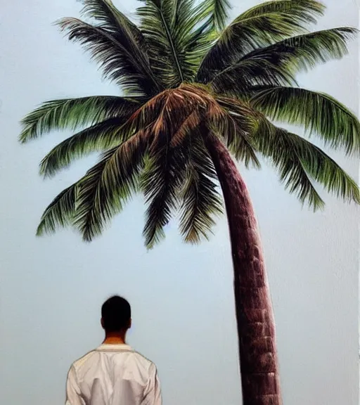 Prompt: coconut tree with human head. realism art, high detailed, fine art, trending on artstation, smooth draw, perfect lighting, sharp focus.