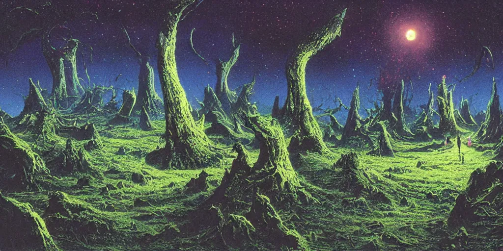 Prompt: Artwork by Tim White of the cinematic view of the Celestial Forest of Buried Enchantments.