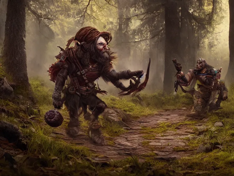 Image similar to Scaredy Cat Dwarf Ranger trips while running through Haunted Forest, RPG Scene, Oil Painting, Trending on Artstation, octane render, Insanely Detailed, 8k, HD