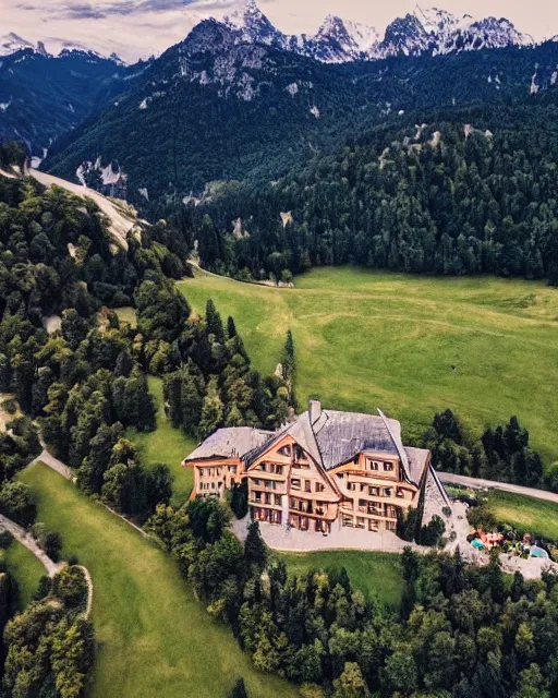 Image similar to mansion in the alps set on fire, zoomed out, shot from drone, iphone capture, fire