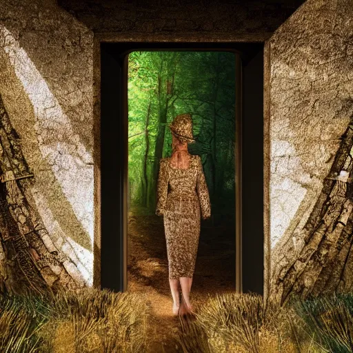 Prompt: highly detailed woman beckoning through doorway in the forest