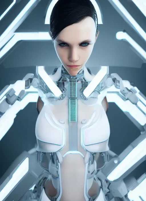 Image similar to white one cast futuristic biomechanics futuristic humanoid, pretty face, beautiful female, futuristic, neon lights, cyberpunk, 8 k, digital painting, by beeple and makoto shinkai, trending on cg society, glamour pose, high fashion, photorealistic, hyper realistic, environmental portrait, ambient occlusion render